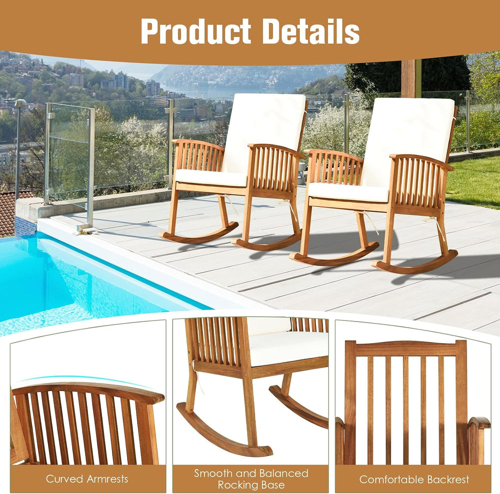 2PCS Rocking Chair Outdoor, Acacia Wooden Rocker Chair with Seat and Back Cus...