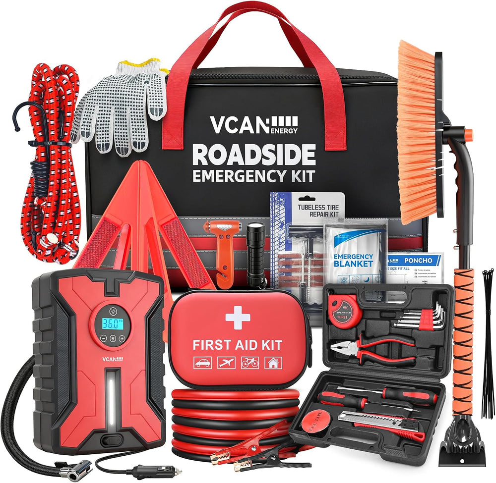 Car Emergency Safety Kit Bag with Portable Air Compressor, Jumper Cables,Firs...