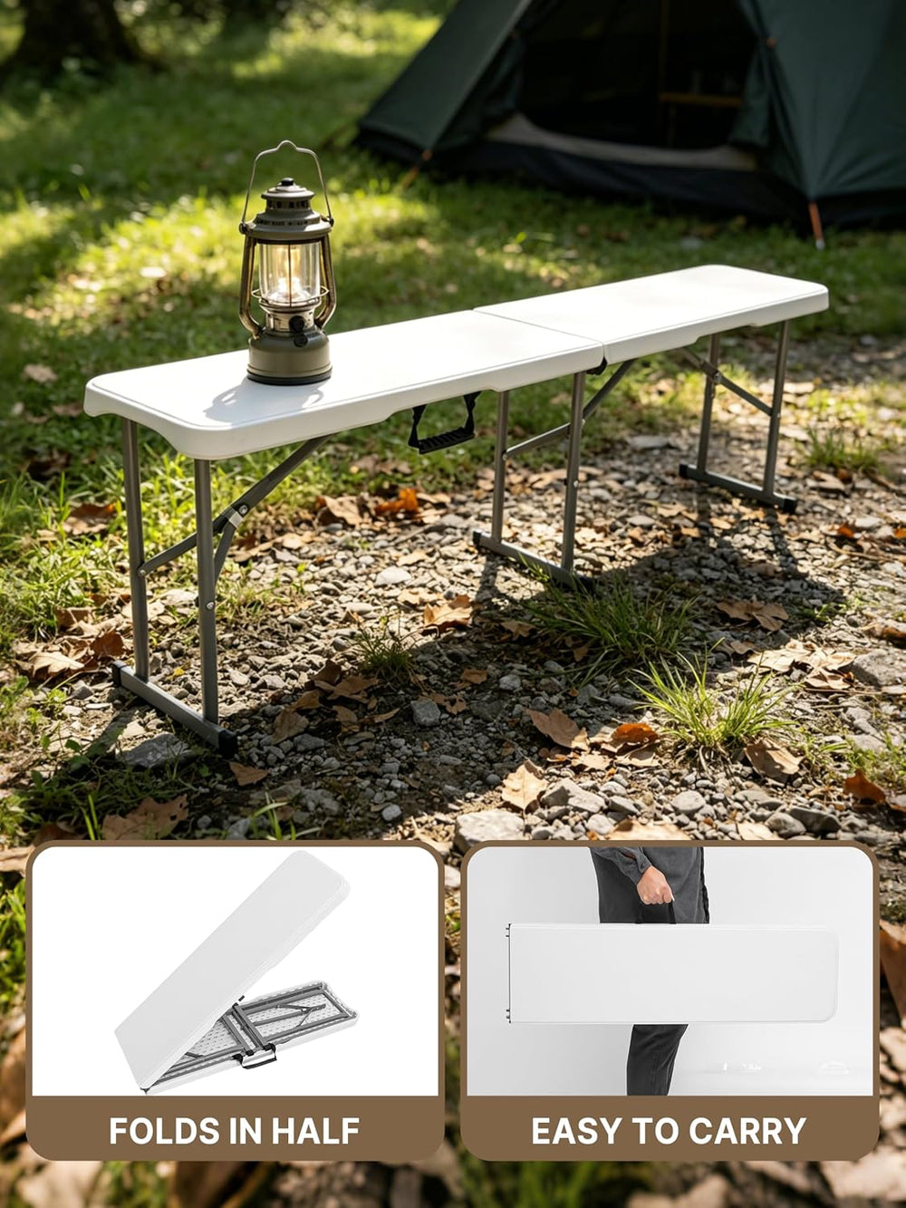 6FT Folding Bench, White HDPE Outdoor Bench, Folds in Half