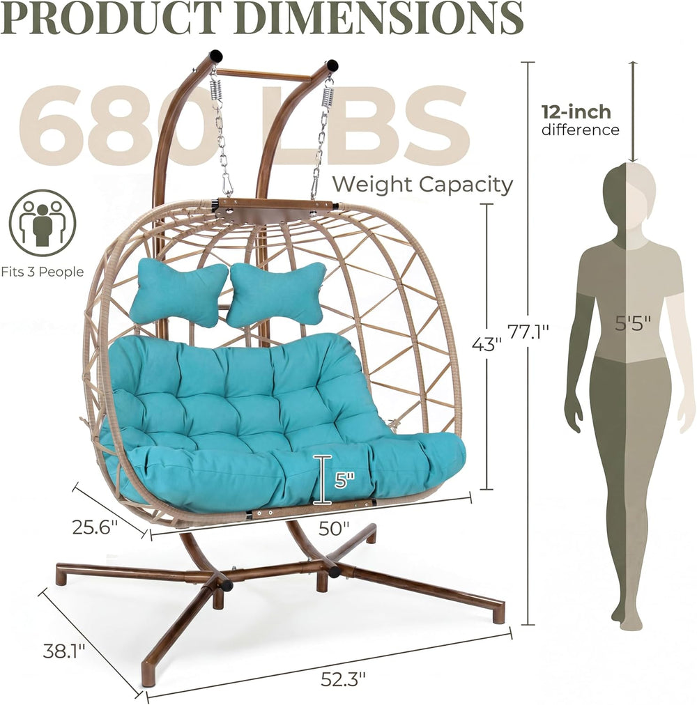 RADIATA Double Egg Swing Chair with Stand and Cover, Outdoor 2 Person, Teal