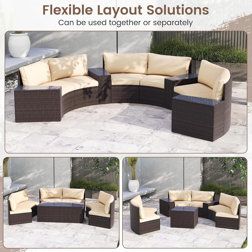 Tangkula 7 Pieces Patio Furniture Set, Rattan Half-Moon Curved Sectional Cush...