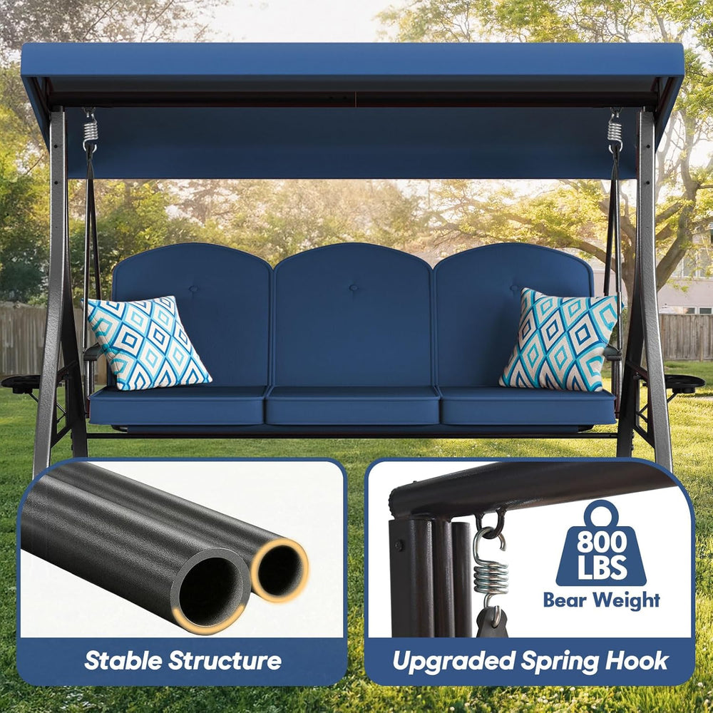 ZZW 3 Seat Outdoor Porch Patio Swing with Stand 800lbs 2-in-1 Convertible Swi...
