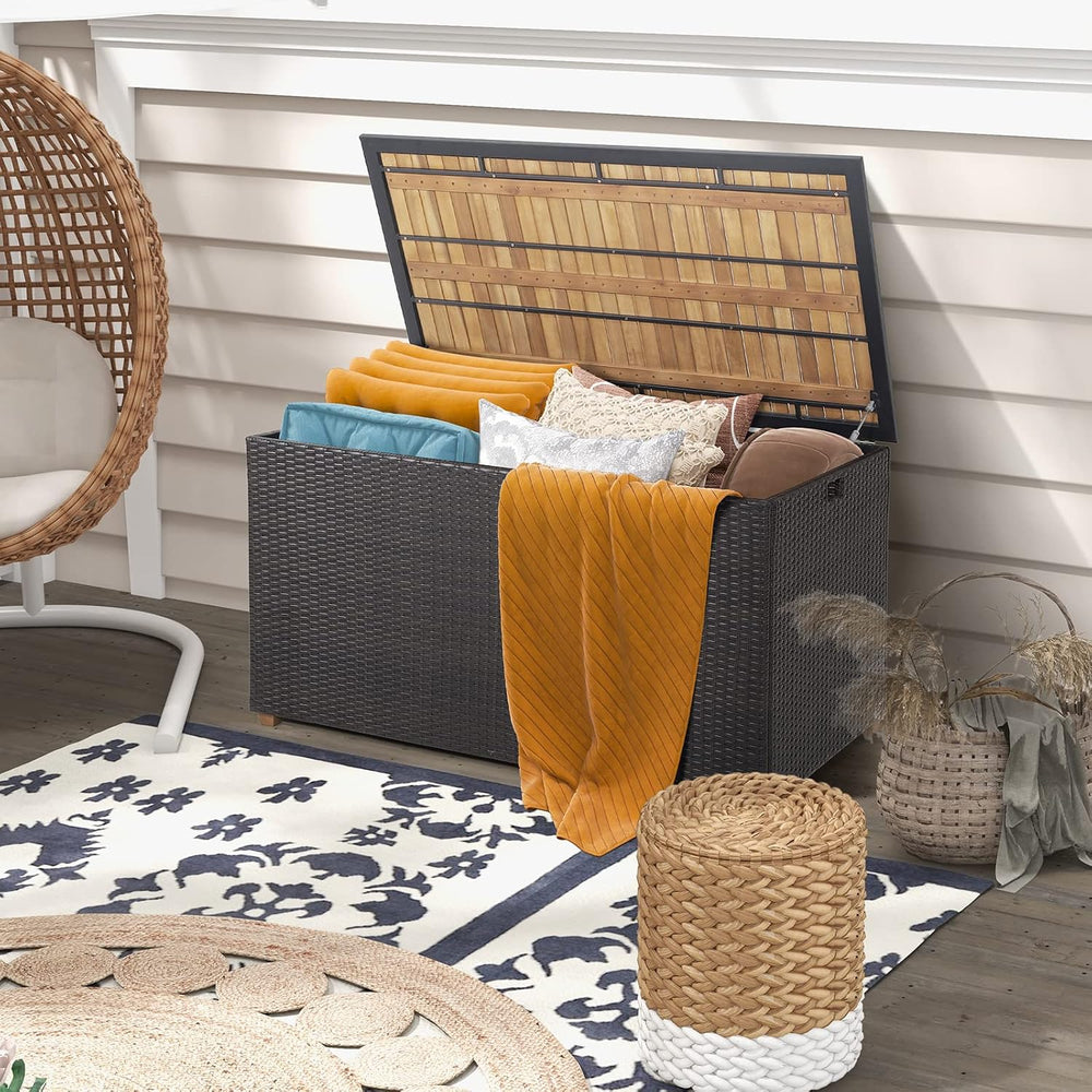 Tangkula 134 Gallon Outdoor Storage Box, Wicker Patio Deck Box with Solid Aca...