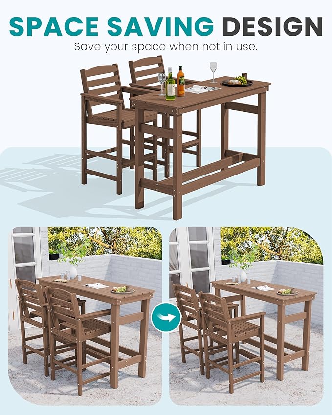SERWALL Outdoor Bar Set - 4 Adirondack Bar Chairs & Bar Height Table with...