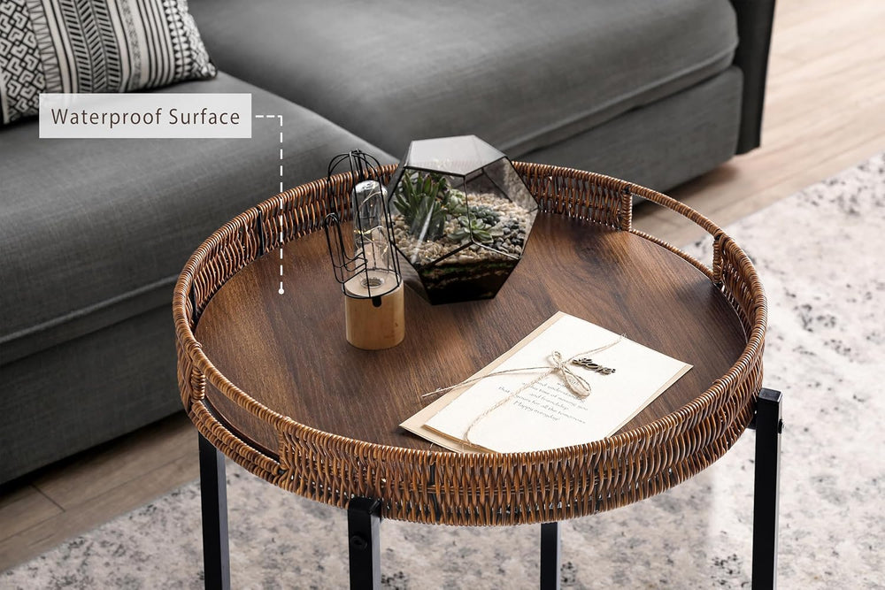 16.5in Round Rattan Side Table with Wooden Top, Small Wicker End Table