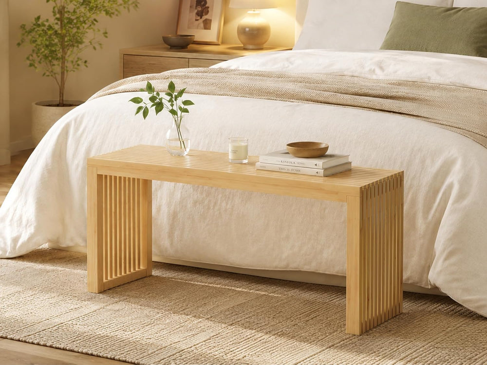 Bamboo Dining Bench, 35'' Slatted Design Entryway Bench, Natural