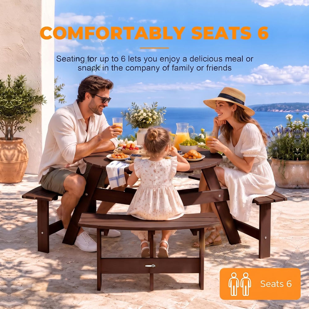 Round 6 Person Outdoor Picnic Table with 3 Built-in Benches