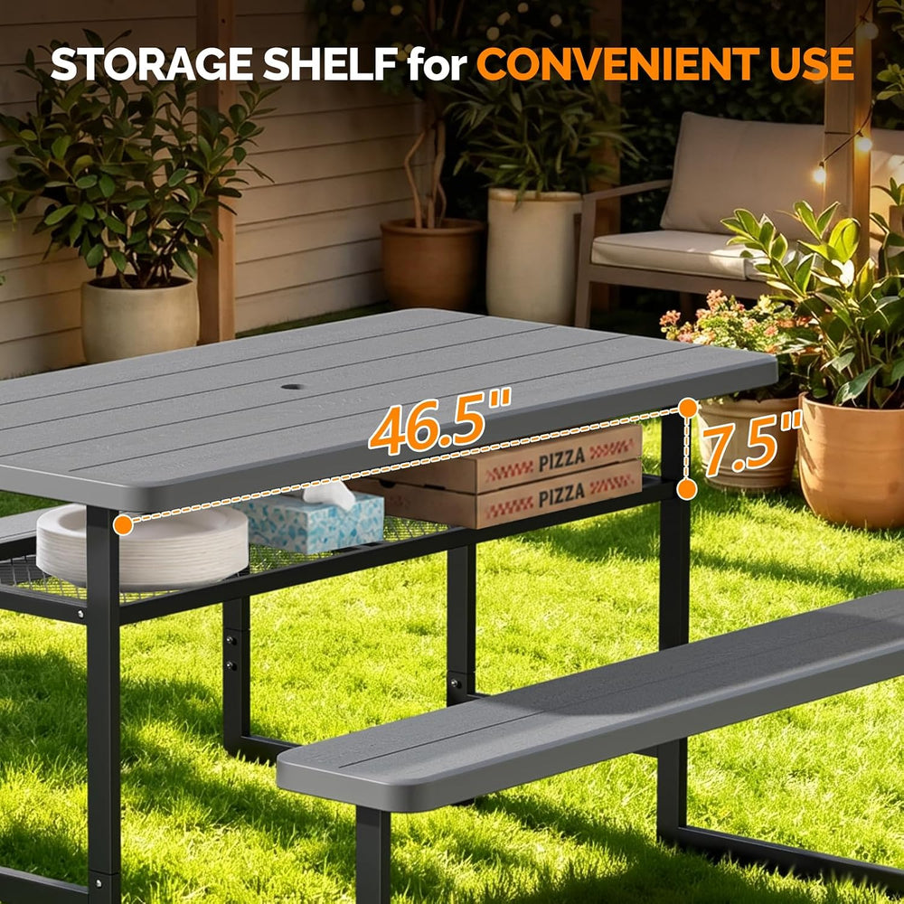 VINGLI 4.5FT Outdoor Picnic Table with Storage Shelf & Umbrella Hole, All...