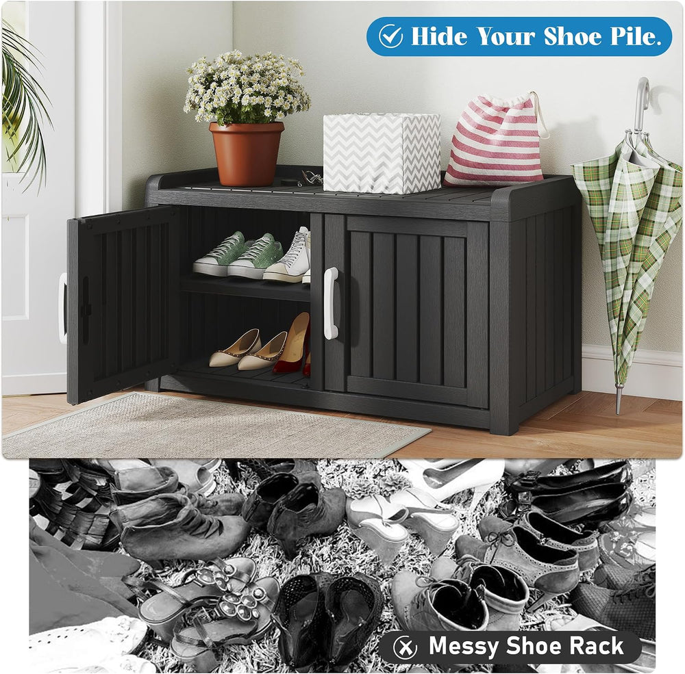 KAMABOKO Shoe Storage Cabinet, 2 Doors & Waterproof UV-Resistant, Black