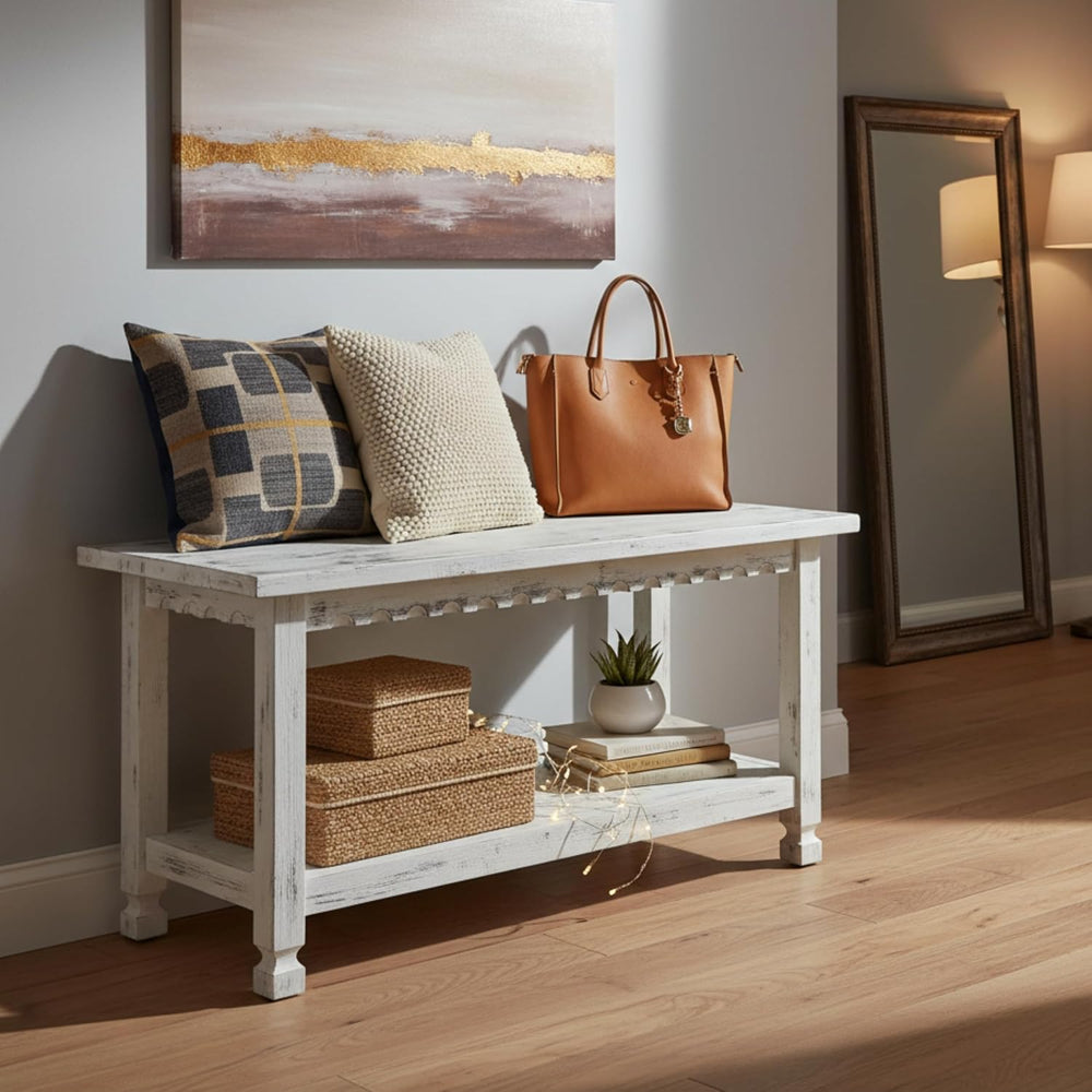 Country Cottage 36-Inch Farmhouse Entryway Bench with Storage Shelf – Solid P...