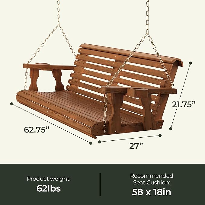 Amish Casual 3 Foot Roll Back Porch Swing with Cup Holders in Unfinished - Am...