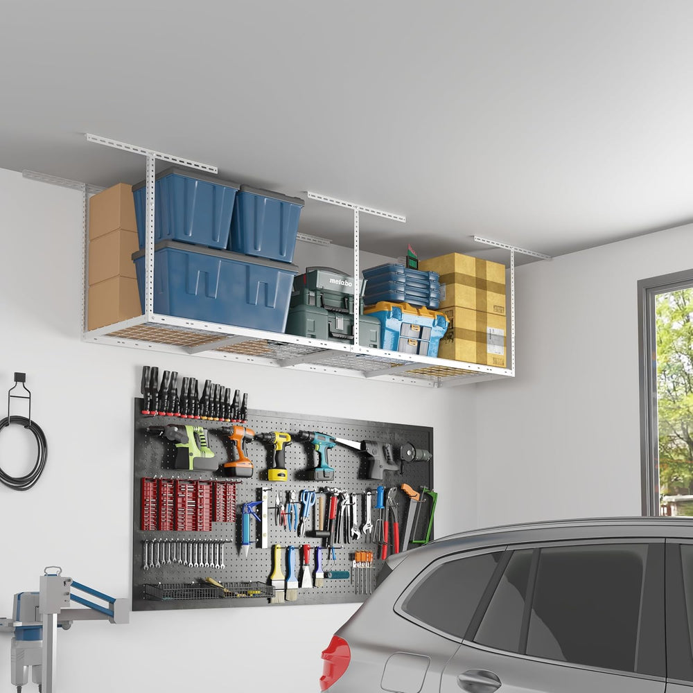 FLEXIMOUNTS 2x8 Overhead Garage Ceiling Storage Rack Organization, White