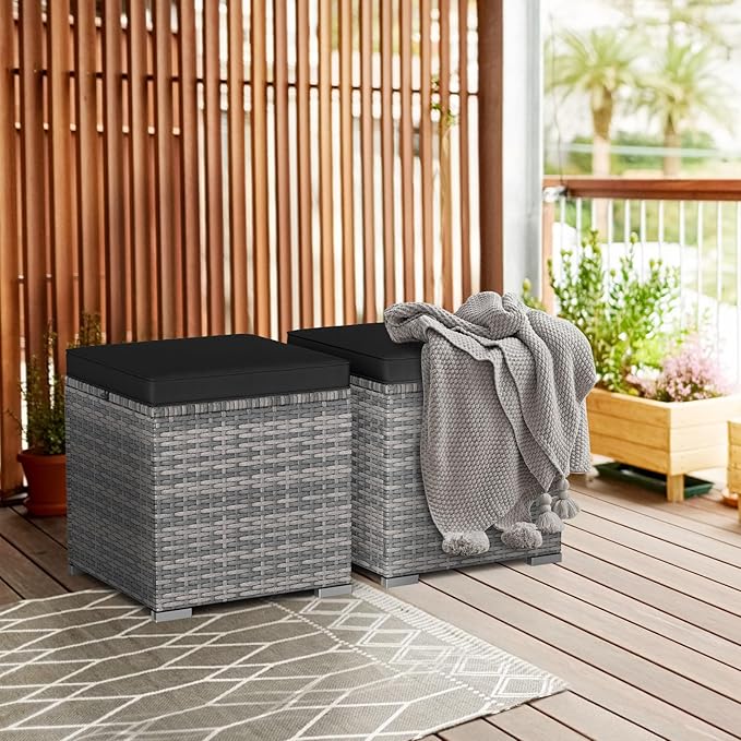 RELAX4LIFE Wicker Outdoor Storage Ottoman - 2-Piece Rattan Footstool w/Remova...