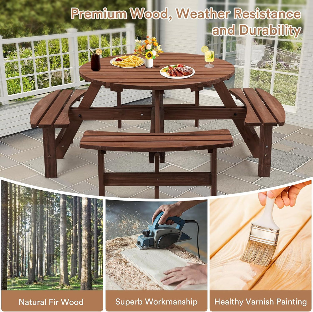 Zevemomo Round Picnic Table Wood for 8 People, Brown