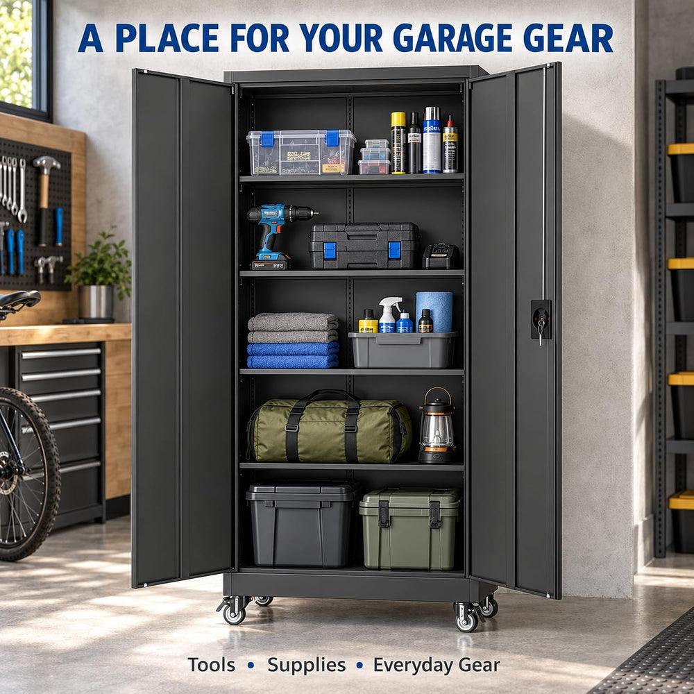 BYNSOE Metal Garage Storage Cabinet with Wheels,Metal Storage Cabinet with Ad...