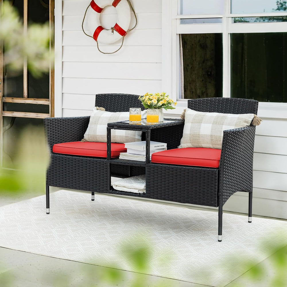 Flamaker Outdoor Furniture Patio Loveseat Wicker 2-Seat Porch Chairs Red