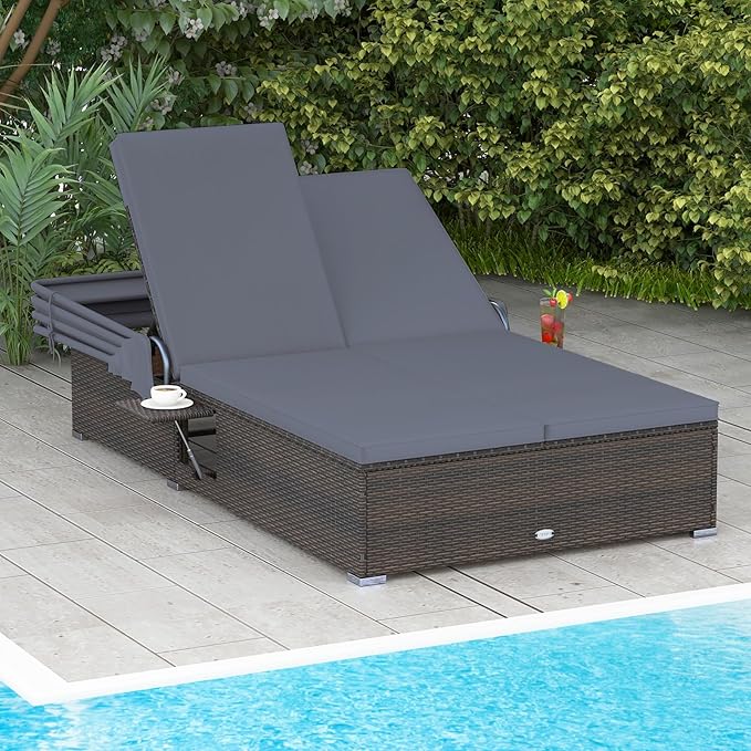 RELAX4LIFE Outdoor Rattan Daybed w/Canopy - Wicker Double Chaise Lounge w/6-P...