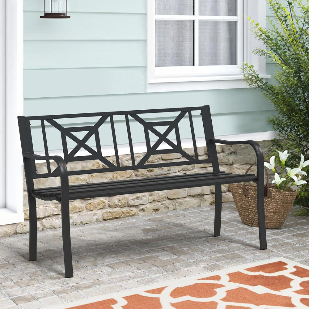 Black Outdoor Bench, Metal Weatherproof Garden Bench Cast Iron Heavy-Duty Pat...