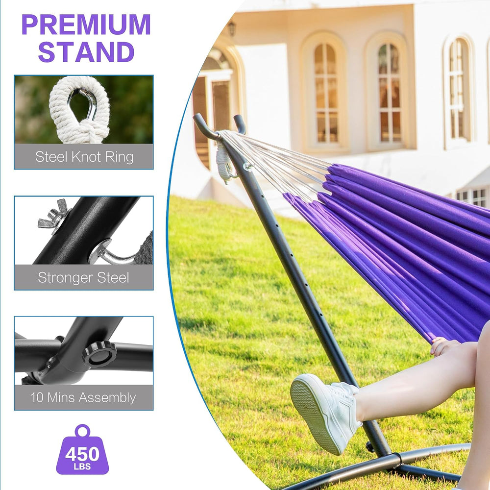 Double Hammock with Stand for Outside, Heavy-Duty, Portable (Purple)