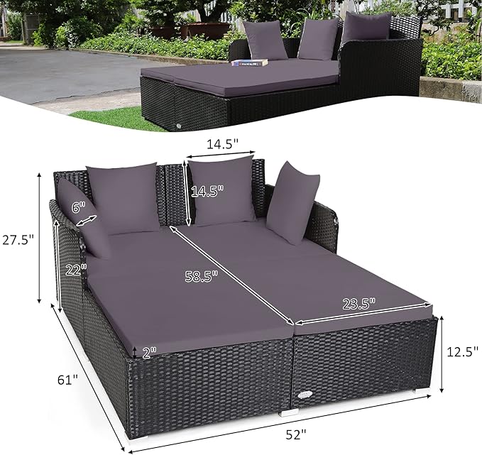 COSTWAY Outdoor Patio Rattan Daybed, Sponge Cushioned Loveseat Sofa with 4 Pi...