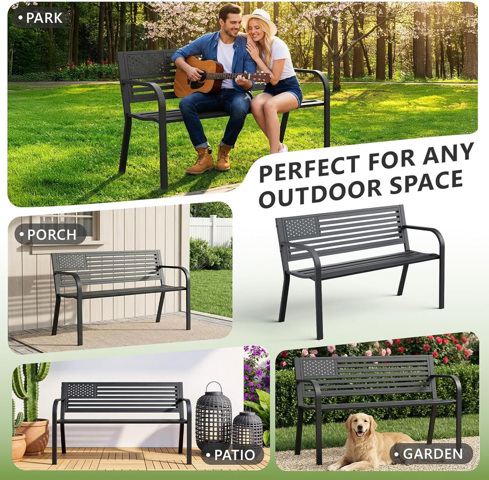 Outdoor Garden Bench with Classic Stars and Stripes Metal Backrest 2 Pack, Me...