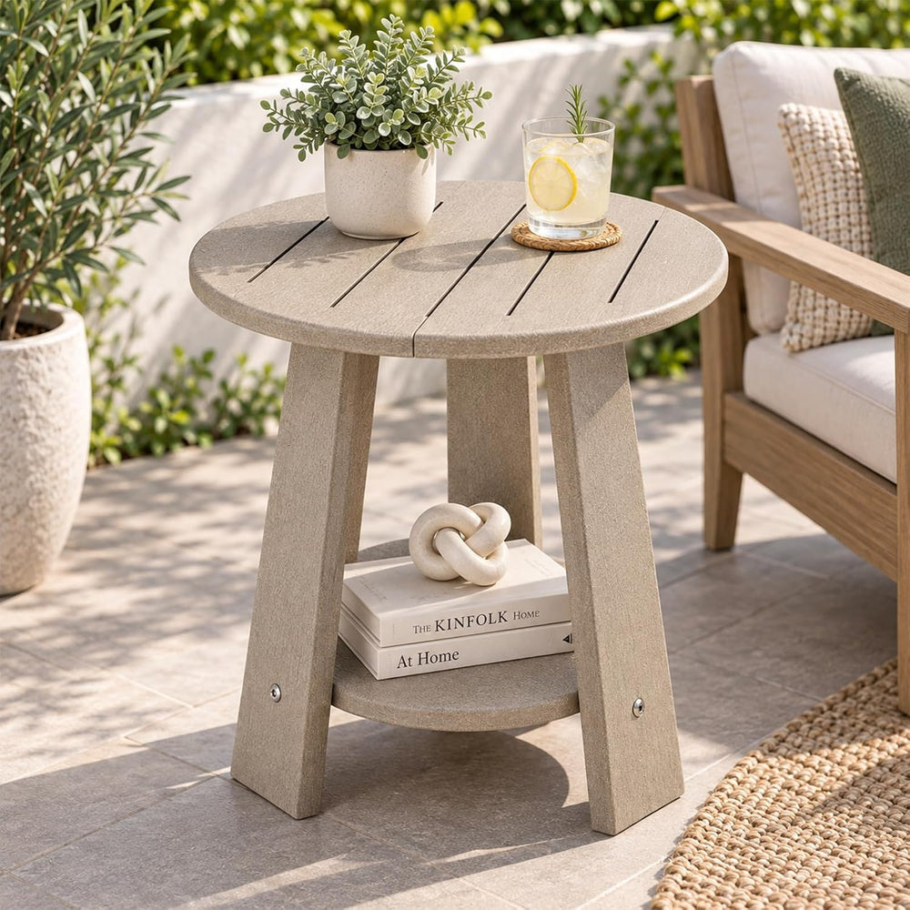 Round Outdoor Side Table, 2-Tier Small HDPE Side Table, Brown