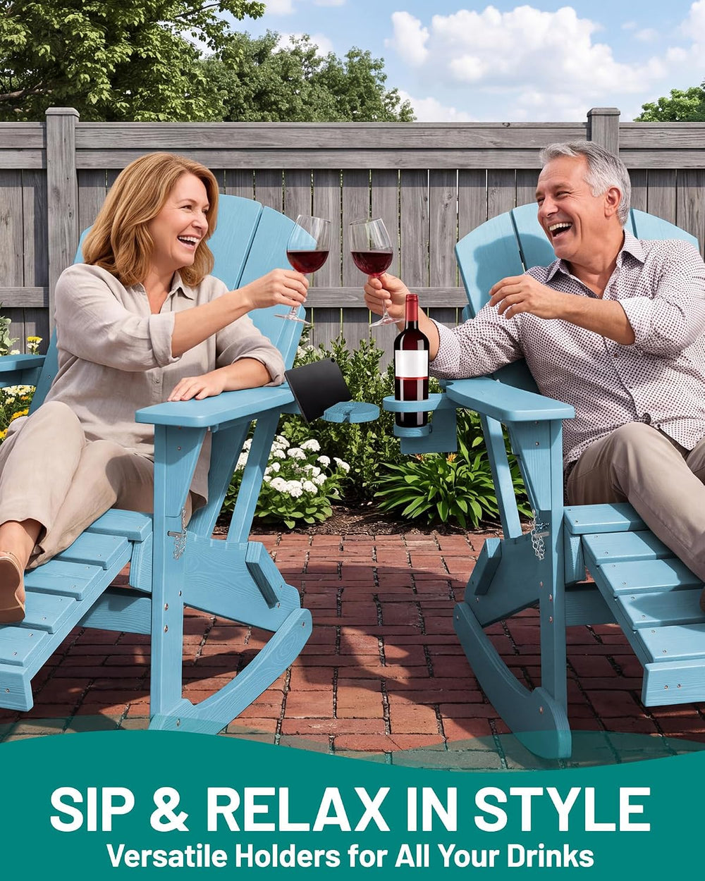 PLUUV Folding Adirondack Rocking Chair with Retractable Ottoman, Aruba