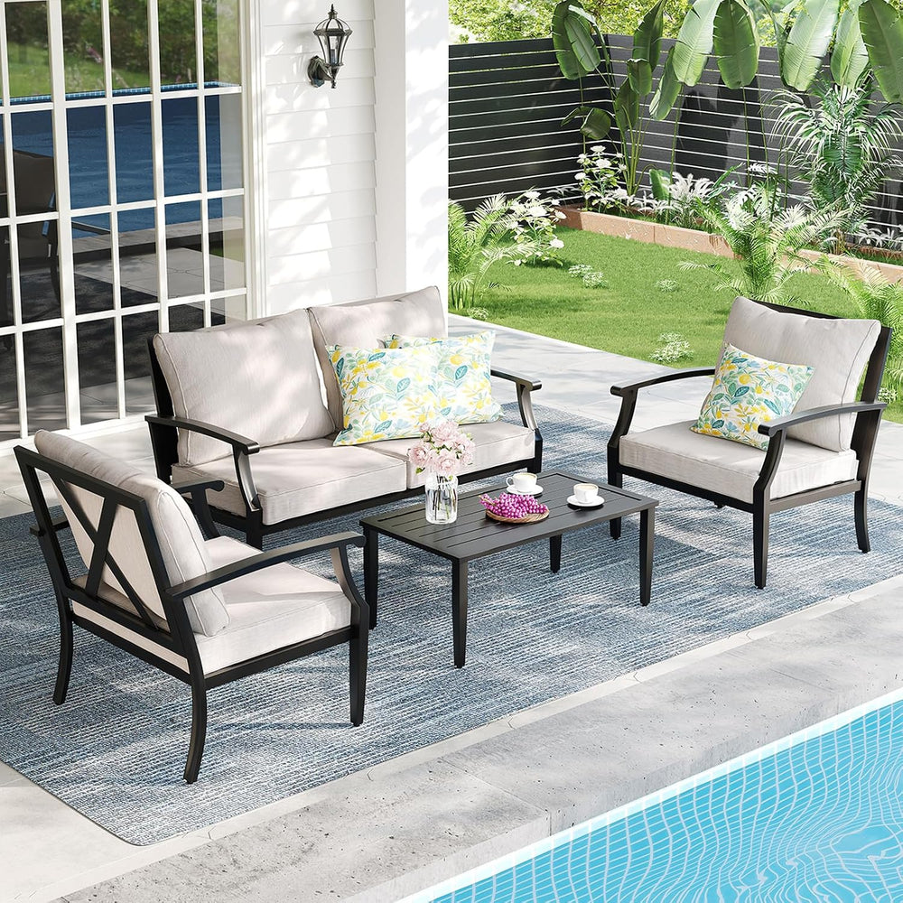 4-Piece Patio Furniture Set, Wider Outdoor Metal Seating Sofa with High Back ...