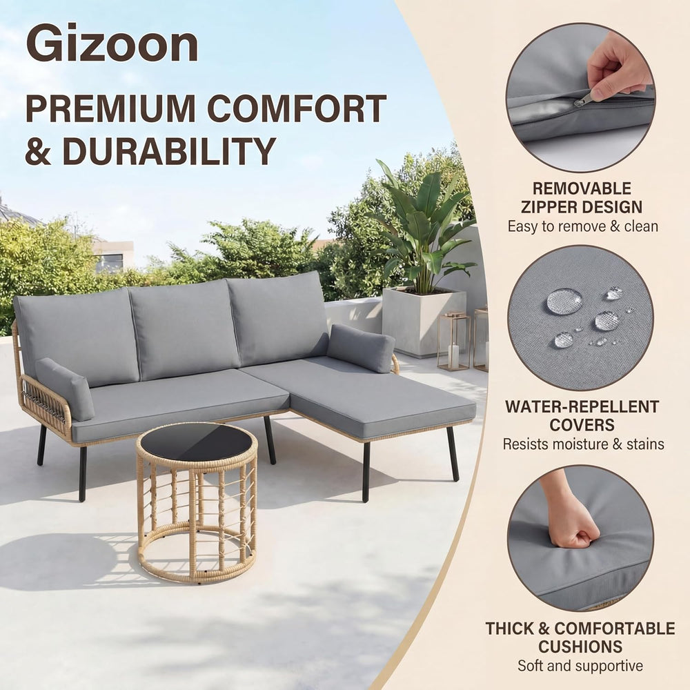 Gizoon 3-Piece Outdoor Patio Furniture Set, PE Wicker L-Shaped Sofa Grey