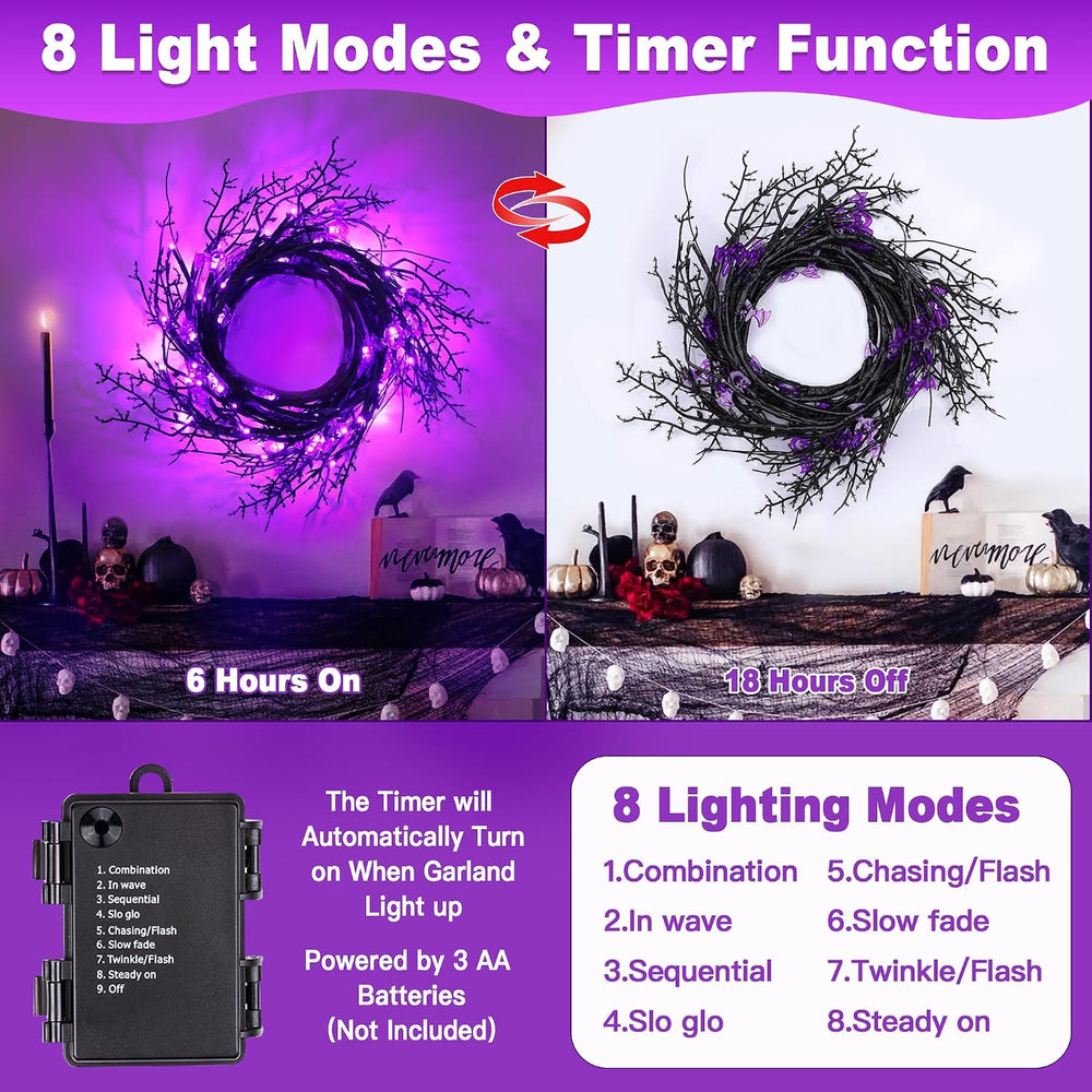 9FT 72 LED Willow Vine Twig Decor Black Halloween Garland with Bat & Purp...