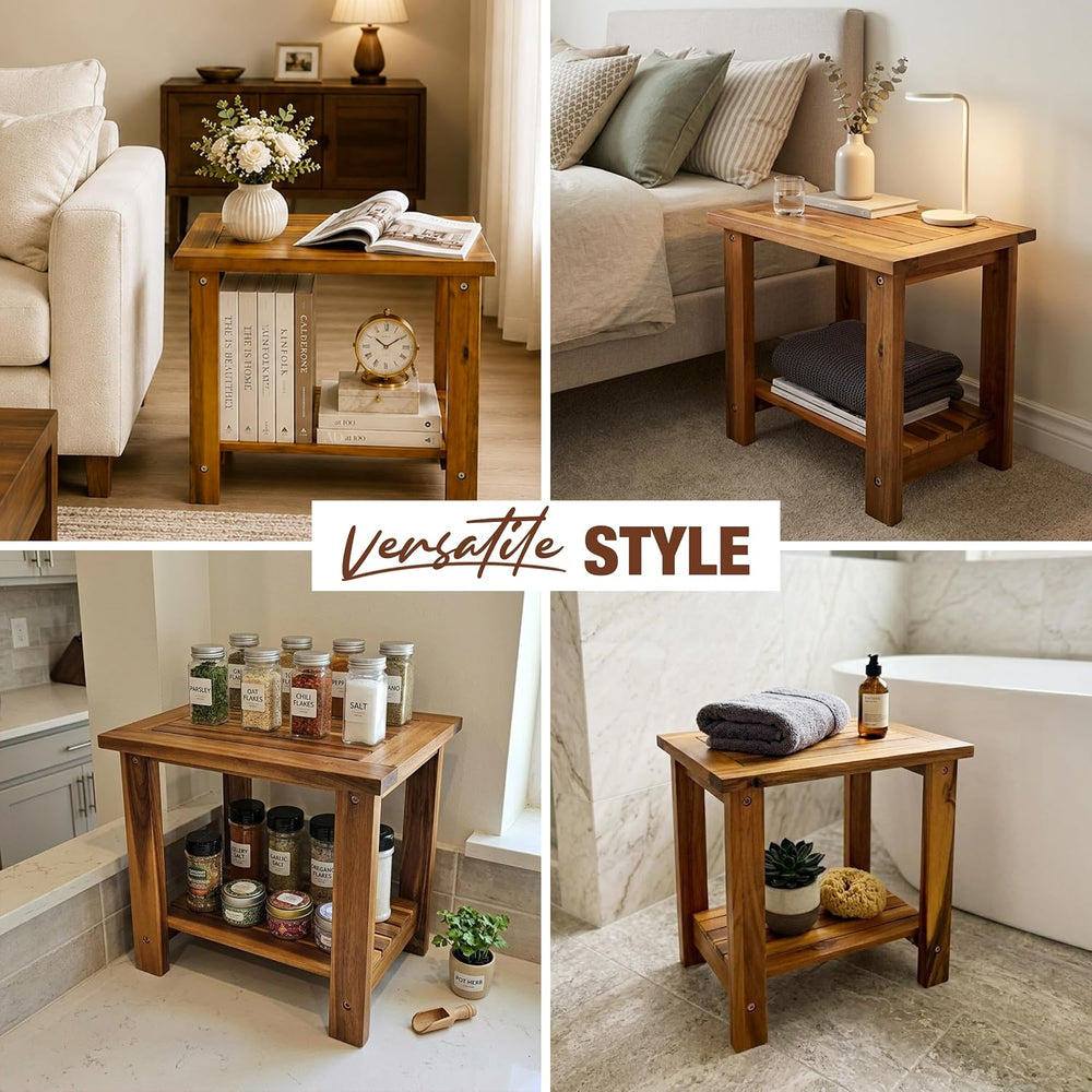 Outdoor Patio Side & End Table, Nightstand, Acacia Wood, 16.5 in, 2-Tier
