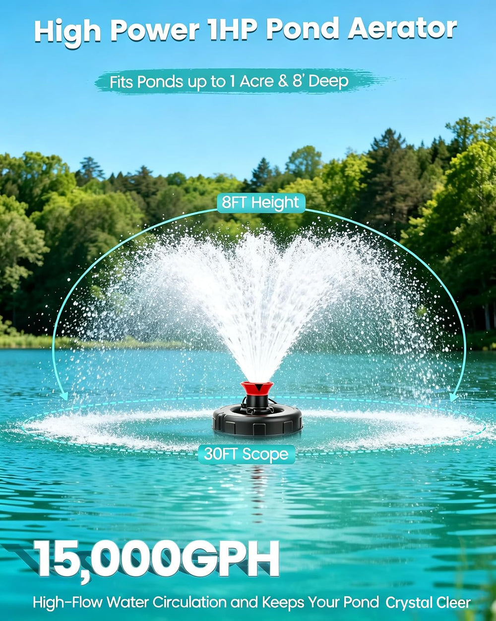 1HP Floating Pond Fountain Aerator, 15000GPH, 110V, Red | 304 Stainless Steel...