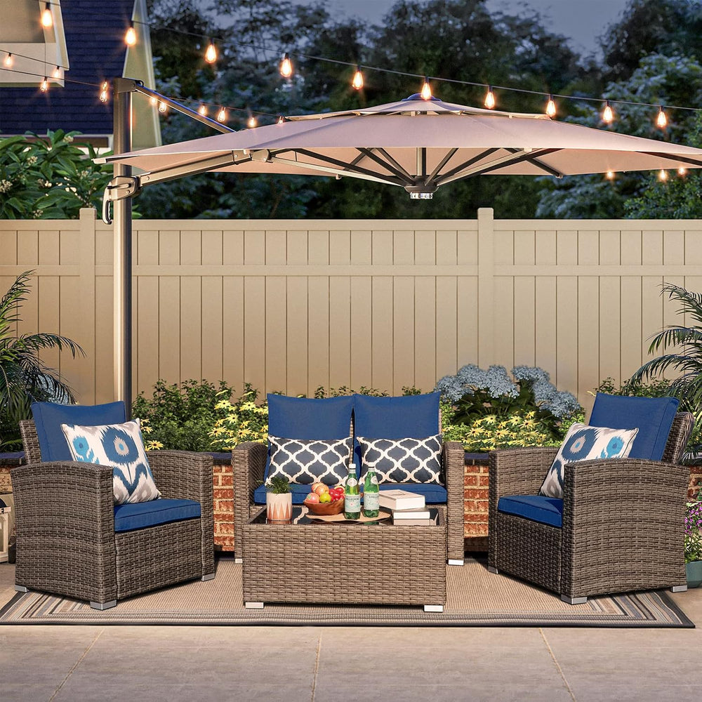 JOIVI Wicker Patio Furniture Set, 4 Piece Patio Conversation Set, Navy Blue