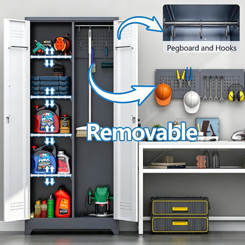 Broom Closet Storage Cabinet, 72" H Metal Garage Storage Cabinet with Lo...