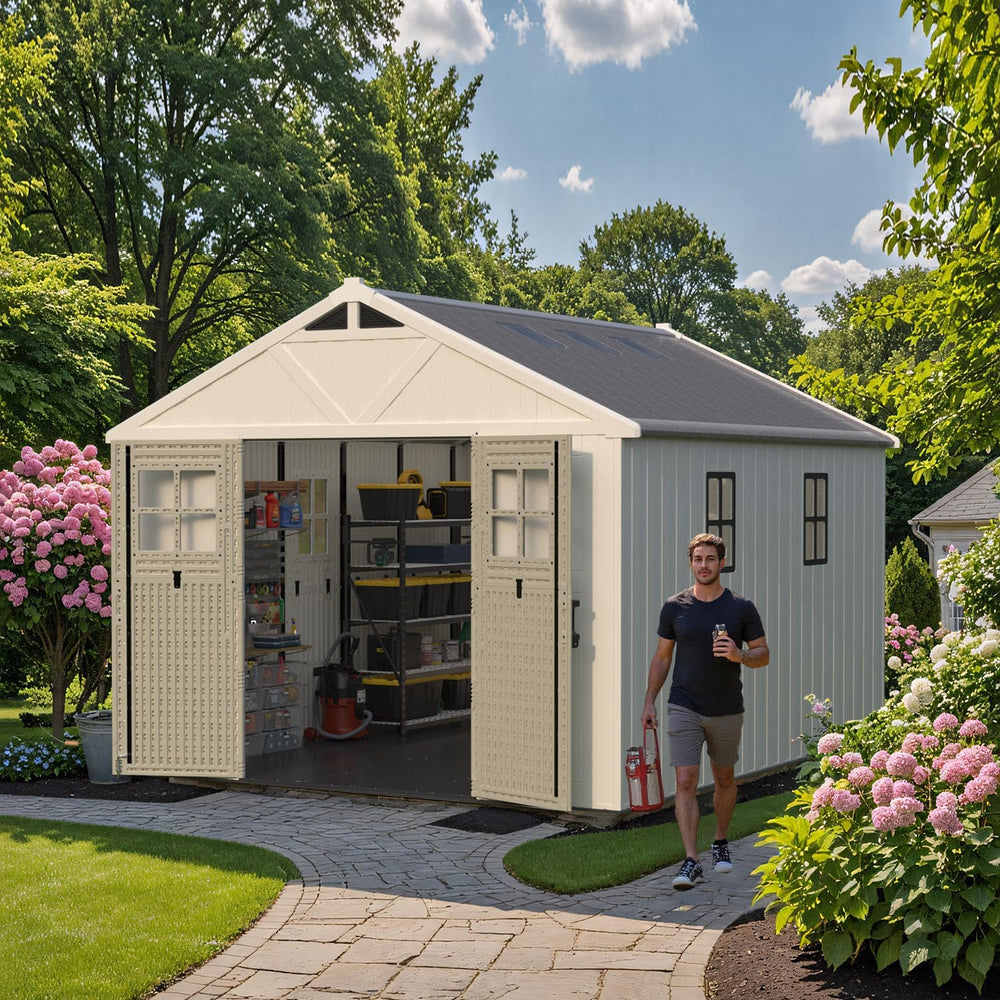 Patiowell 10x12 FT Resin Outdoor Storage Shed with Floor and Skylight,Beige