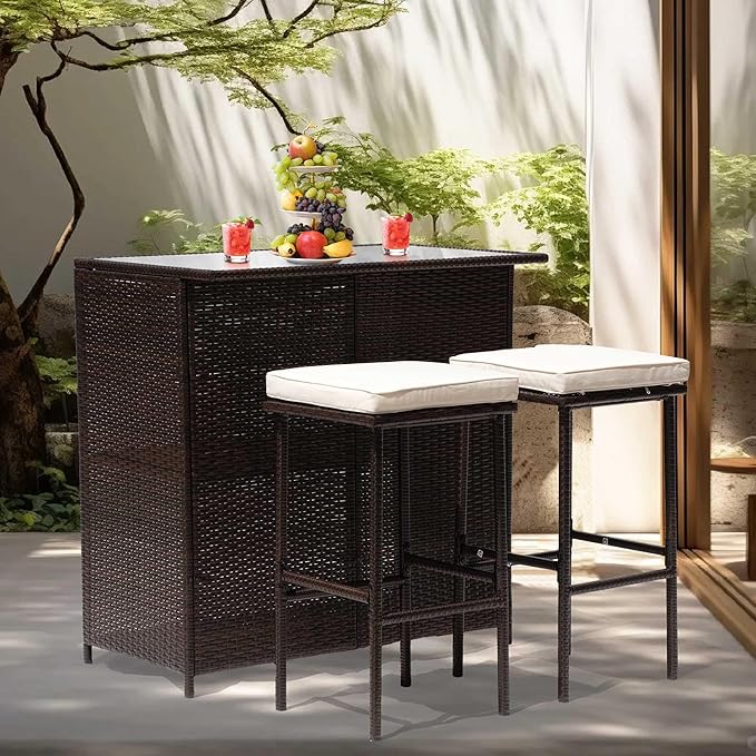 PayLessHere Rattan Bar Set 3Pcs Patio Wicker Bistro Set Sturdy Frame Bar Heig...