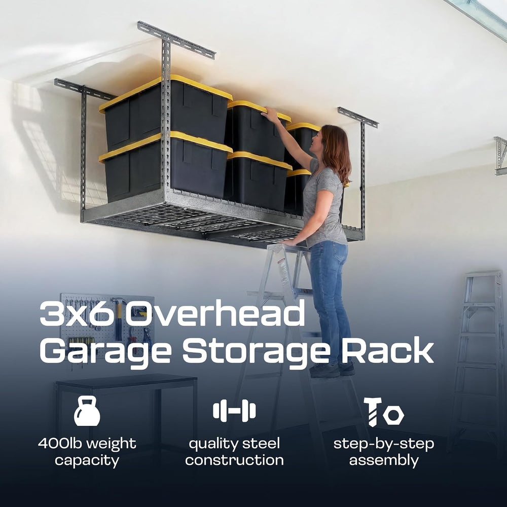 MonsterRax 3x6 Overhead Garage Storage Rack, Gray, 12"-21" Height