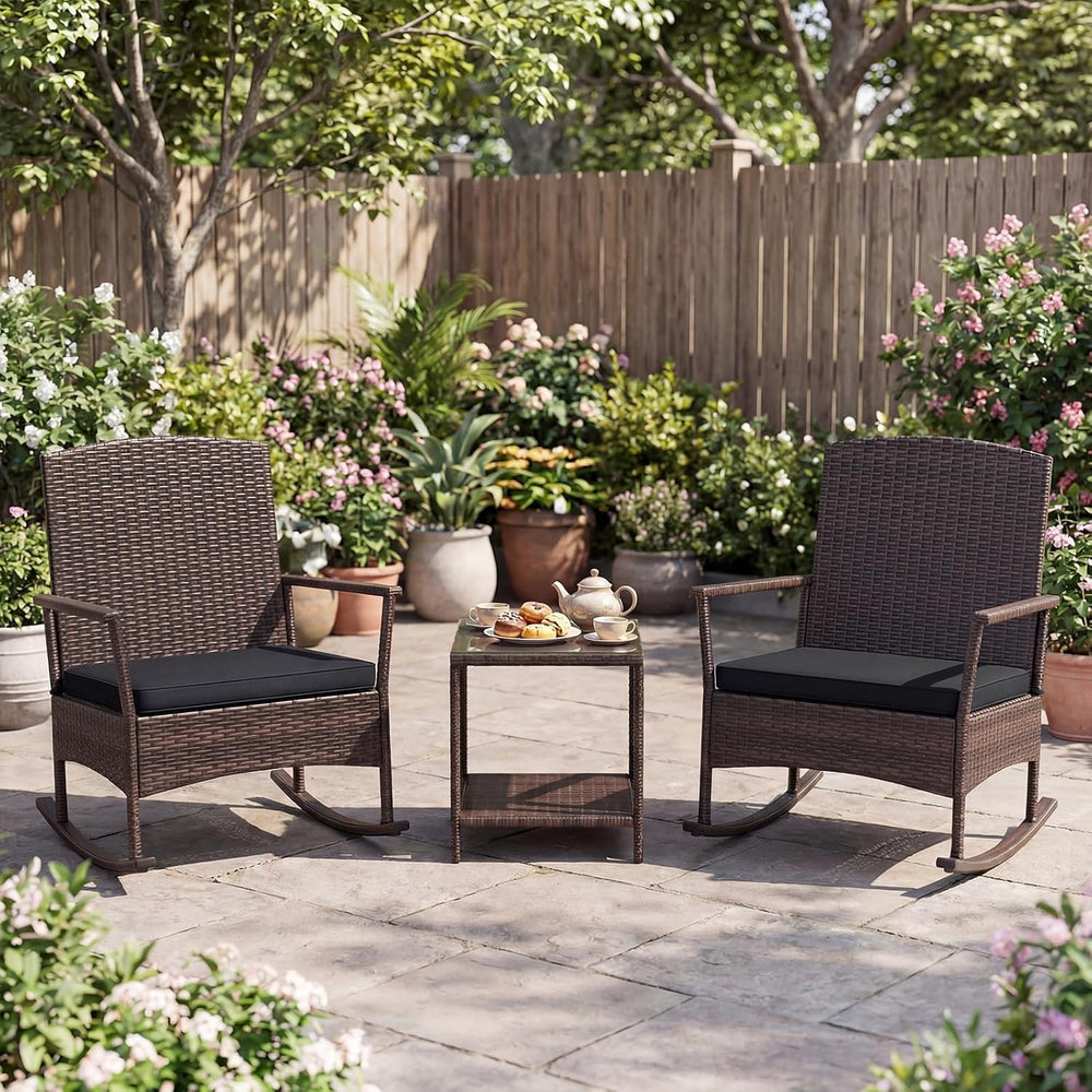 ORALNER 3 Pieces Patio Rocking Chair, Wicker Bistro Set w/Cushions (Black)