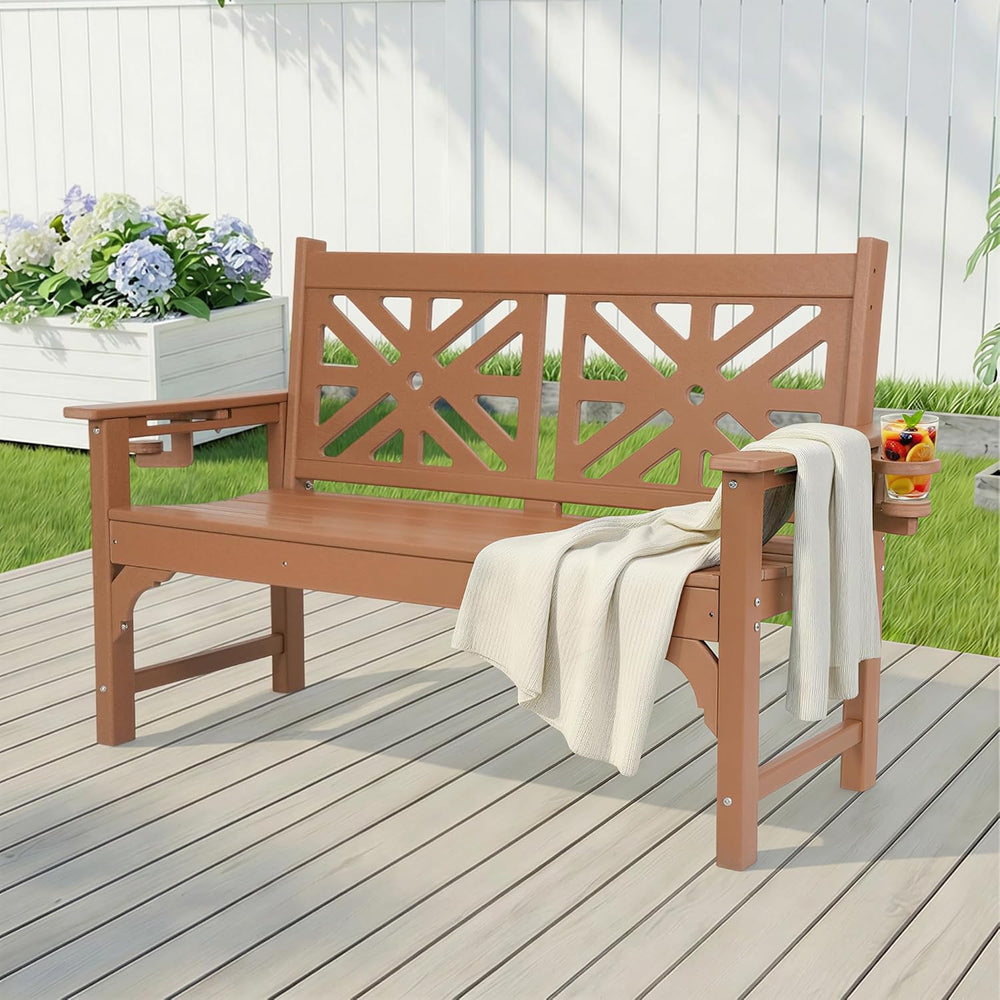 Outdoor Bench with Cup Holders, HDPE All Weather Waterproof 2-Person Garden B...