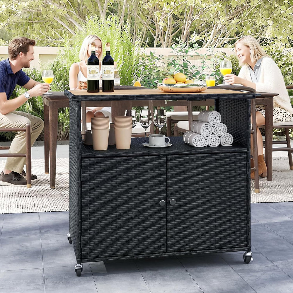 HAPPYGRILL Outdoor Storage Cabinet with Wheels, PE Rattan Deck Box (Black)