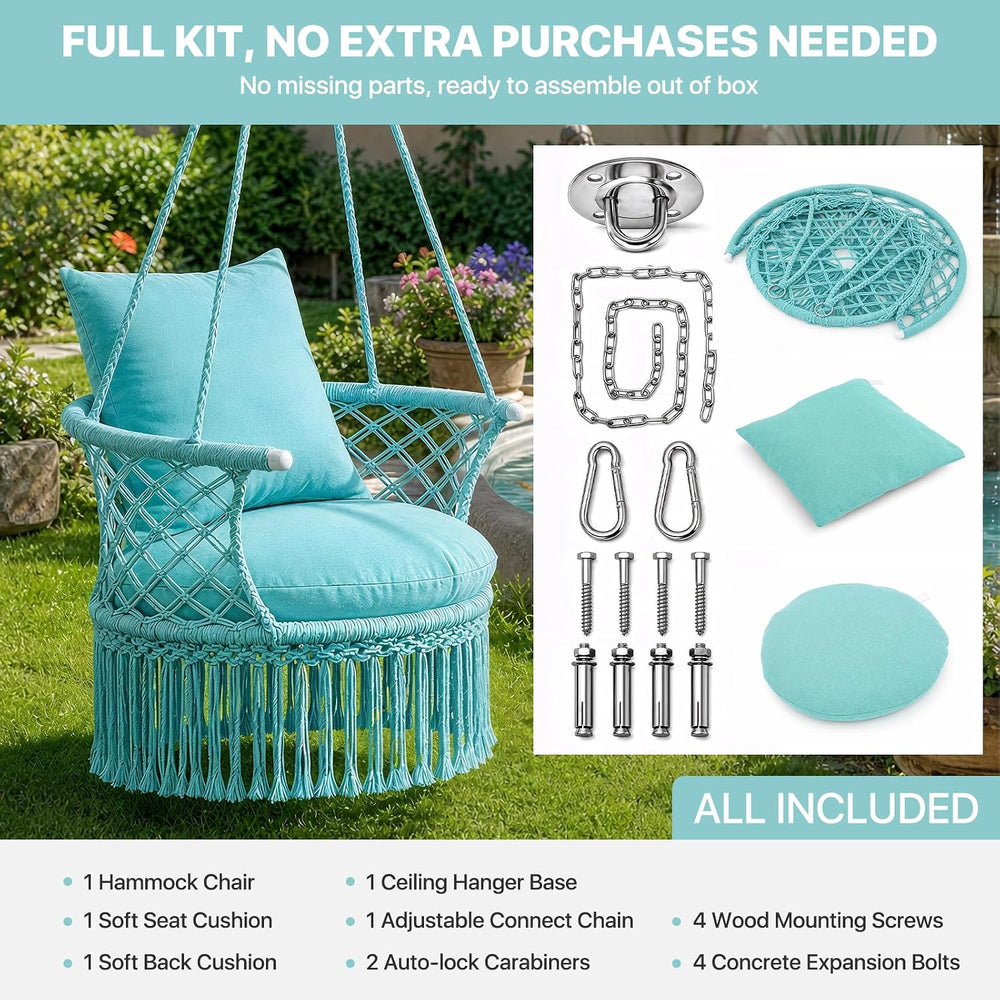 Athena Collection Macrame Hammock Chair with Mounting Hardware Kit, Green