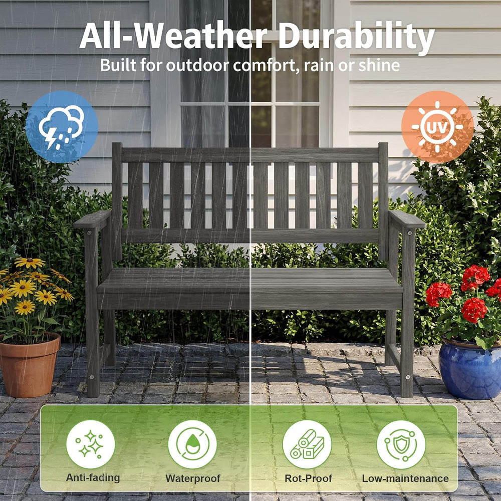 All Weather Poly Lumber Outdoor Garden Bench, 2-Person, Light Gray