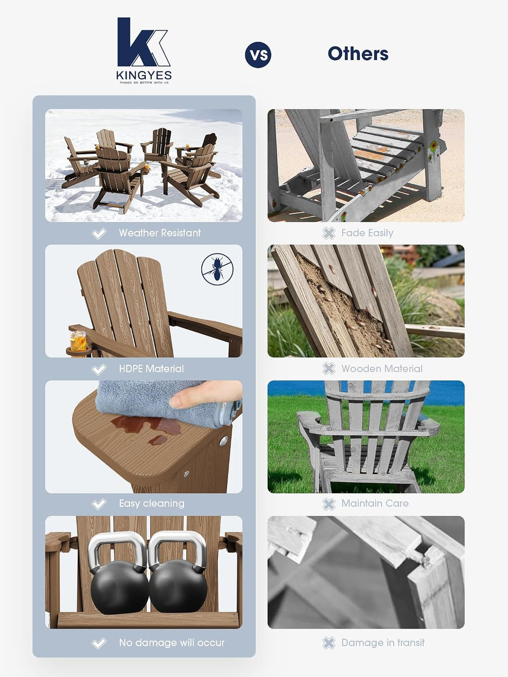 KINGYES Folding Adirondack Chair Set of 2 with Cup Holder, Brown
