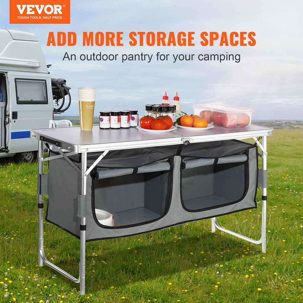 VEVOR Camping Kitchen Station, 3 Adjustable Height Folding Outdoor Camp Cooki...