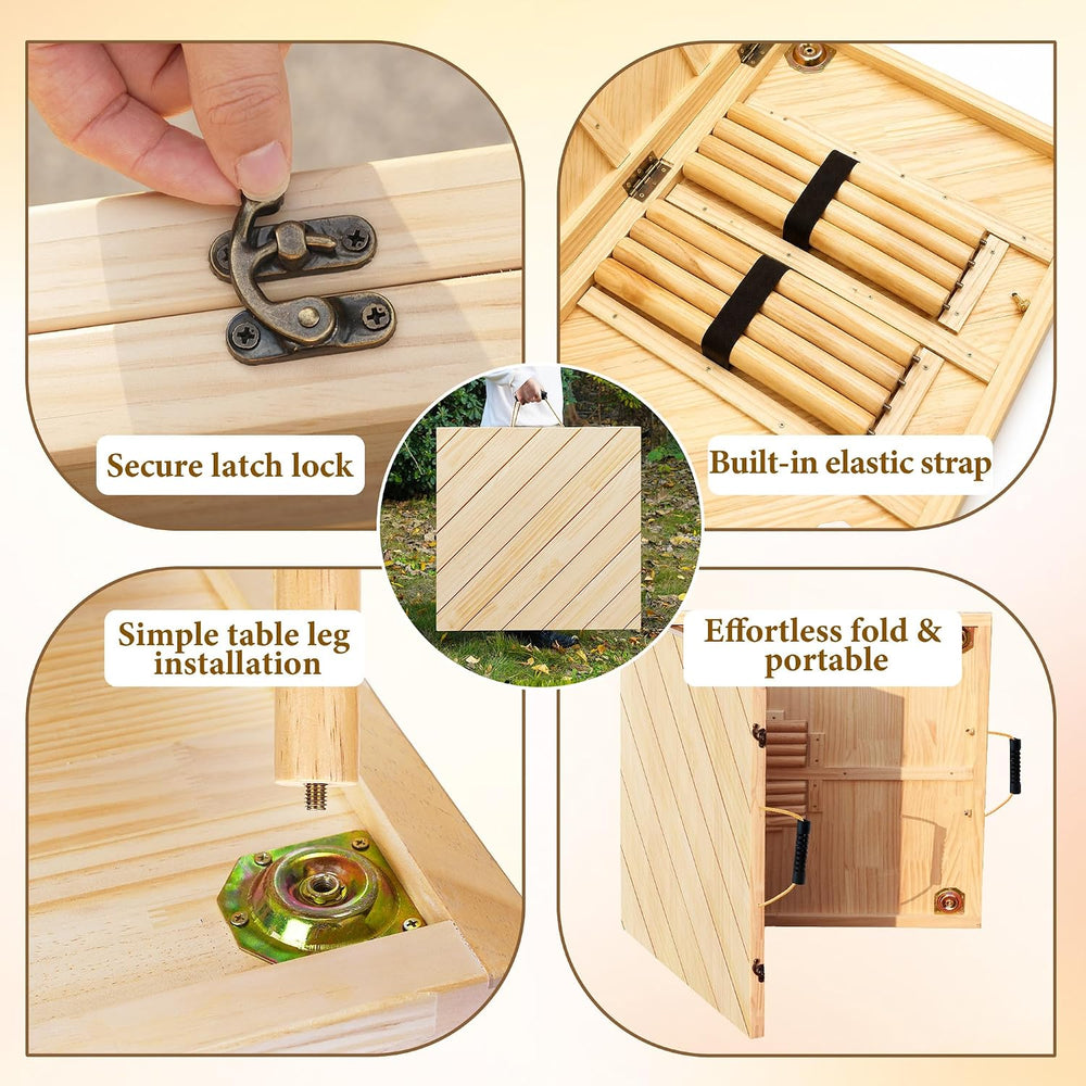 Folding Picnic Table with Boho Table Runner 60" x 30" Wooden Low Ta...