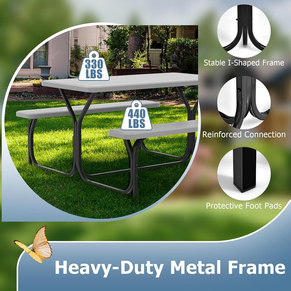 GYMAX Picnic Table, Picnic Bench Easy to Assemble w/All Weather Wood Grain Ta...