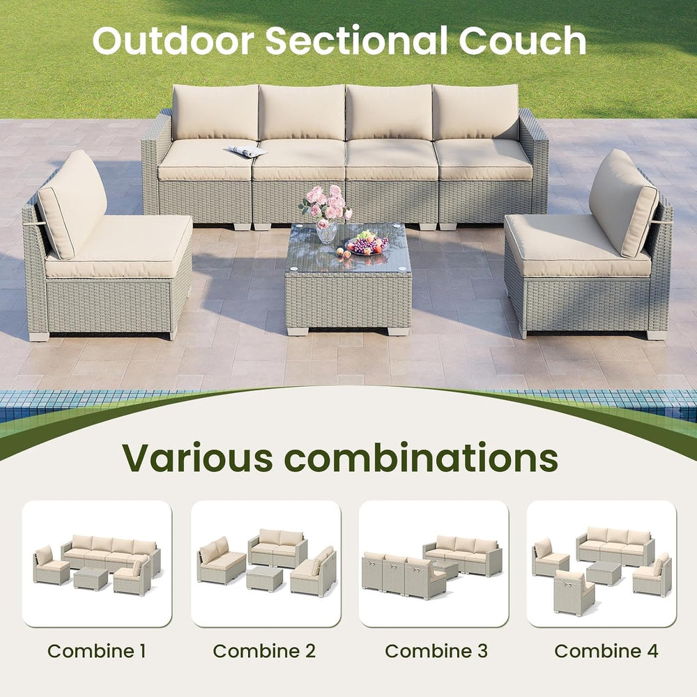 7-Piece Outdoor Patio Furniture Set, 6-Seat All-Weather PE Rattan Wicker Pati...