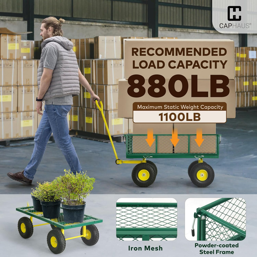 CAPHAUS Metal Green Garden Cart, w/ 180° Adjustable Yellow Handle, w/Mat and ...