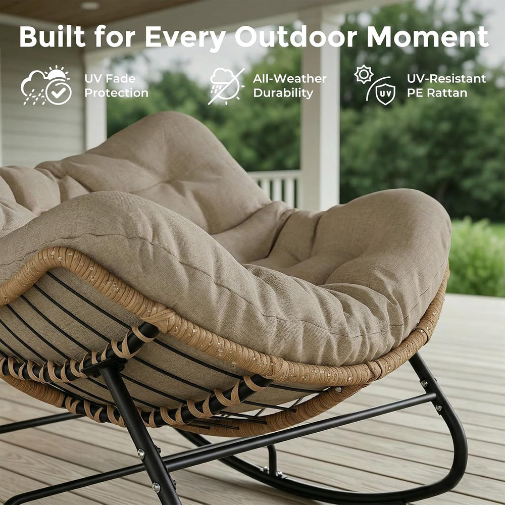 Papasan Outdoor Rocking Chair with Thick Cushion, Beige