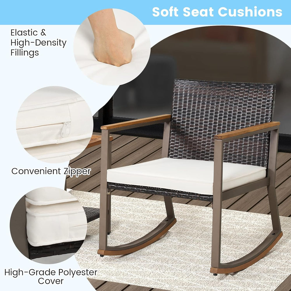 HAPPYGRILL 3 Piece Rocking Bistro Set, Outdoor PE Wicker Rocking Chair with C...